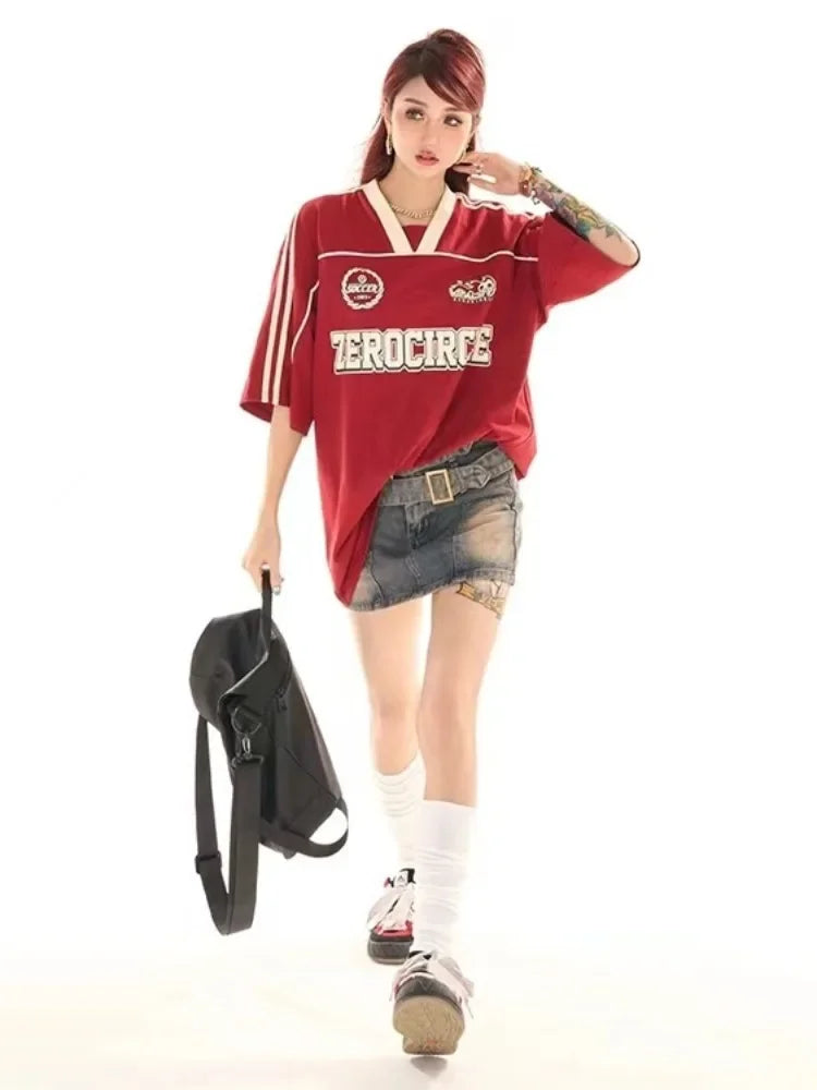 Deeptown American Retro Red Oversized T-shirt Women Summer 2024 Korean Fashion Streetwear Striped Loose Short Sleeve Tee Top
