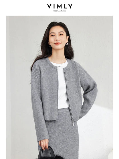 VIMLY Women's Elegant Knitted Suit Autumn Solid Outerwear Knitted Cardigan Jacket Straight Skirts Set Office Lady Simple Sets