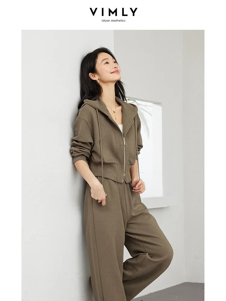 VIMLY Double Zipper Casual Drawstring Hooded Sweatshirt+Elastic Waist Wide Leg Pants Suit Autumn Simple Office Lady Tracksuit