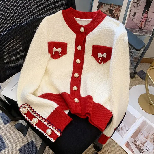 Popular and Beautiful Bow Tie Sweater Women's Autumn Outfit Design Sense Niche Knitted Cardigan Gentle and Stylish Red Jacket