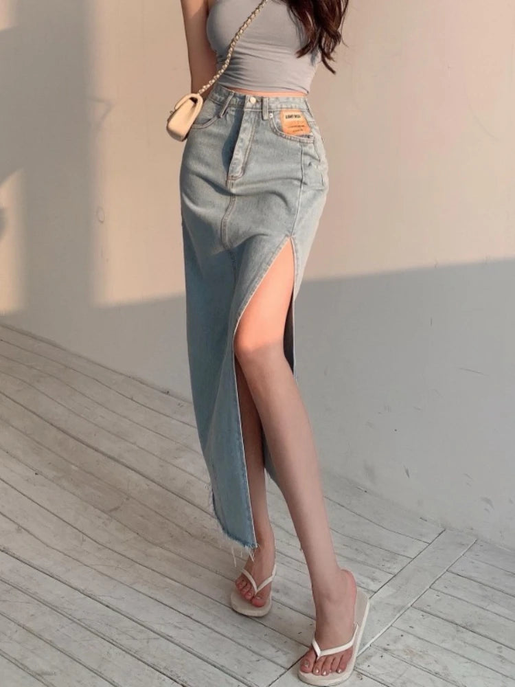 DEEPTOWN Long Denim Skirt Vintage Women Solid High Waist  A-LINE Slim Korean Style Jean Slit Midi Skirt Summer Fashion Girl
