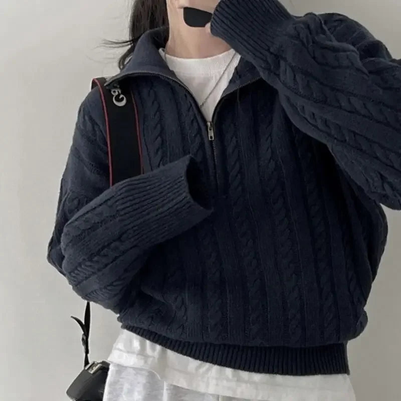 Deeptown Korean Fashion Half Zipper Sweaters Women Vintage Twisted Knitted Crop Pullover Casual Sueter Mujer Long Sleeve Tops