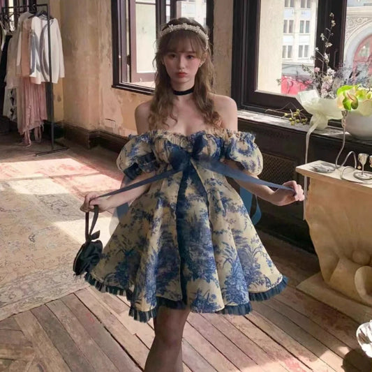 Korean Style Elegant Fairy Mini Dress Vintage Sweet Women Puff Sleeves Bow High Waist Slim Dresses Sexy Off Shoulder Party Dress