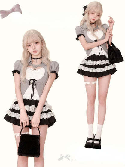 Japanese Style Kawaii 3 Piece Skirt Sets Women Sweet Tops + Casual Slim Vest + Cute Lace Mini Skirt 2000s Fashion Suit Hot Girls