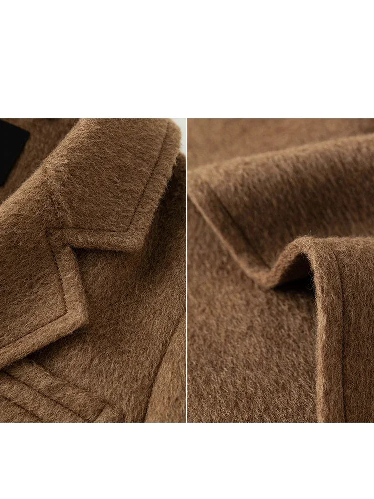 FSLE 85.5% Wool 14.5% Camel Hair Women Front Shoulder Temperament Long Woolen Jackets Notched Collar Double-sided Woolen Coat