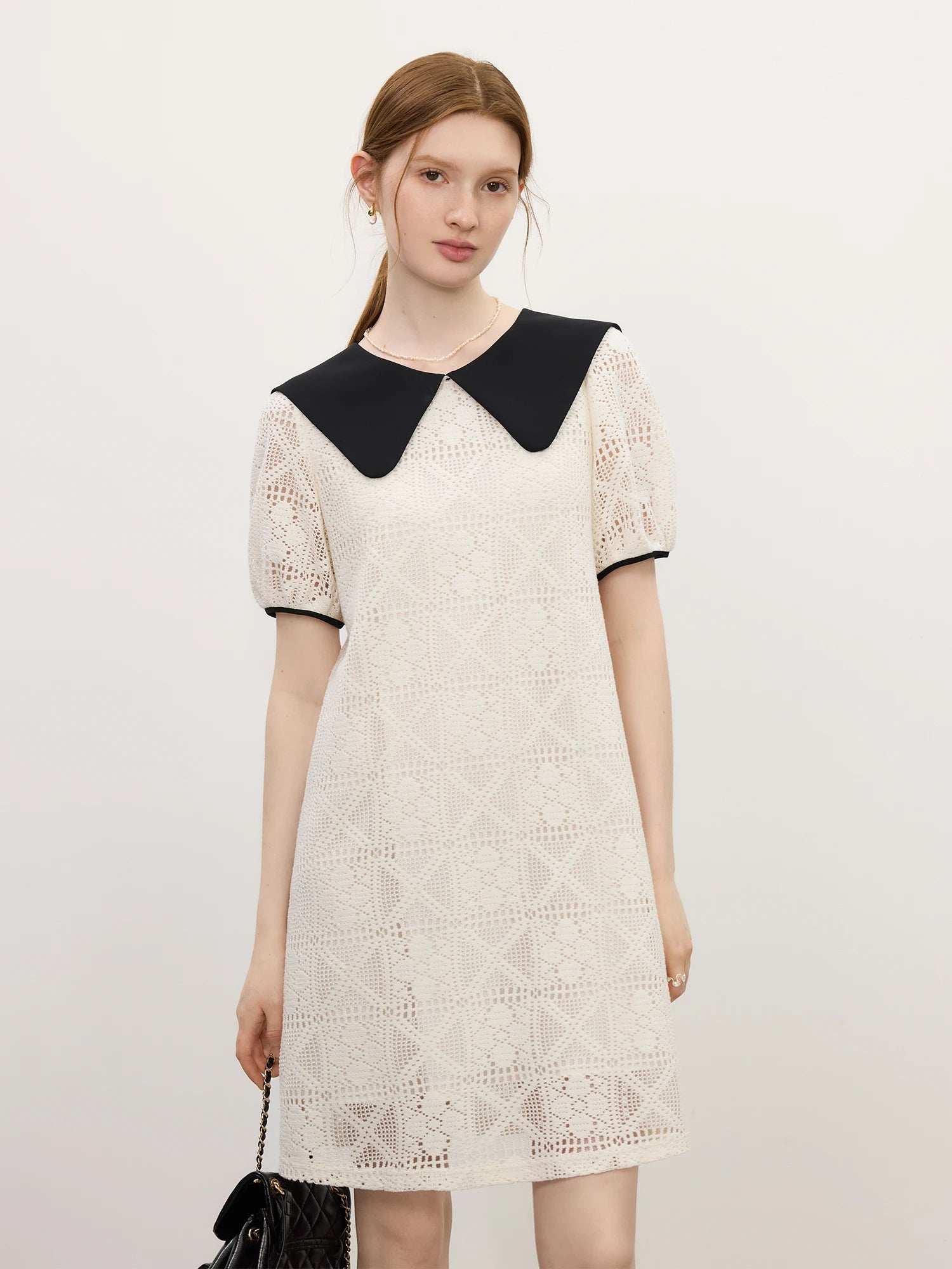 FSLE Age-reducing Contrast Color Doll Collar Lace Dress Female 2025 Summer New Korean Version A-line