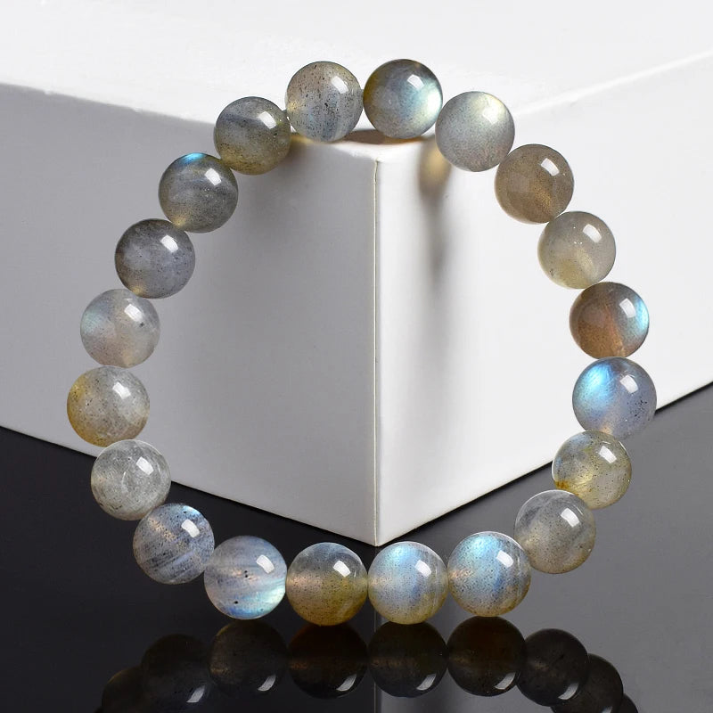 Natural Grey Labradorite Bracelets Flash Smooth Spectrolite Moonstone Round Elastic Beads Bracelet Genuine Natural Stone Jewelry