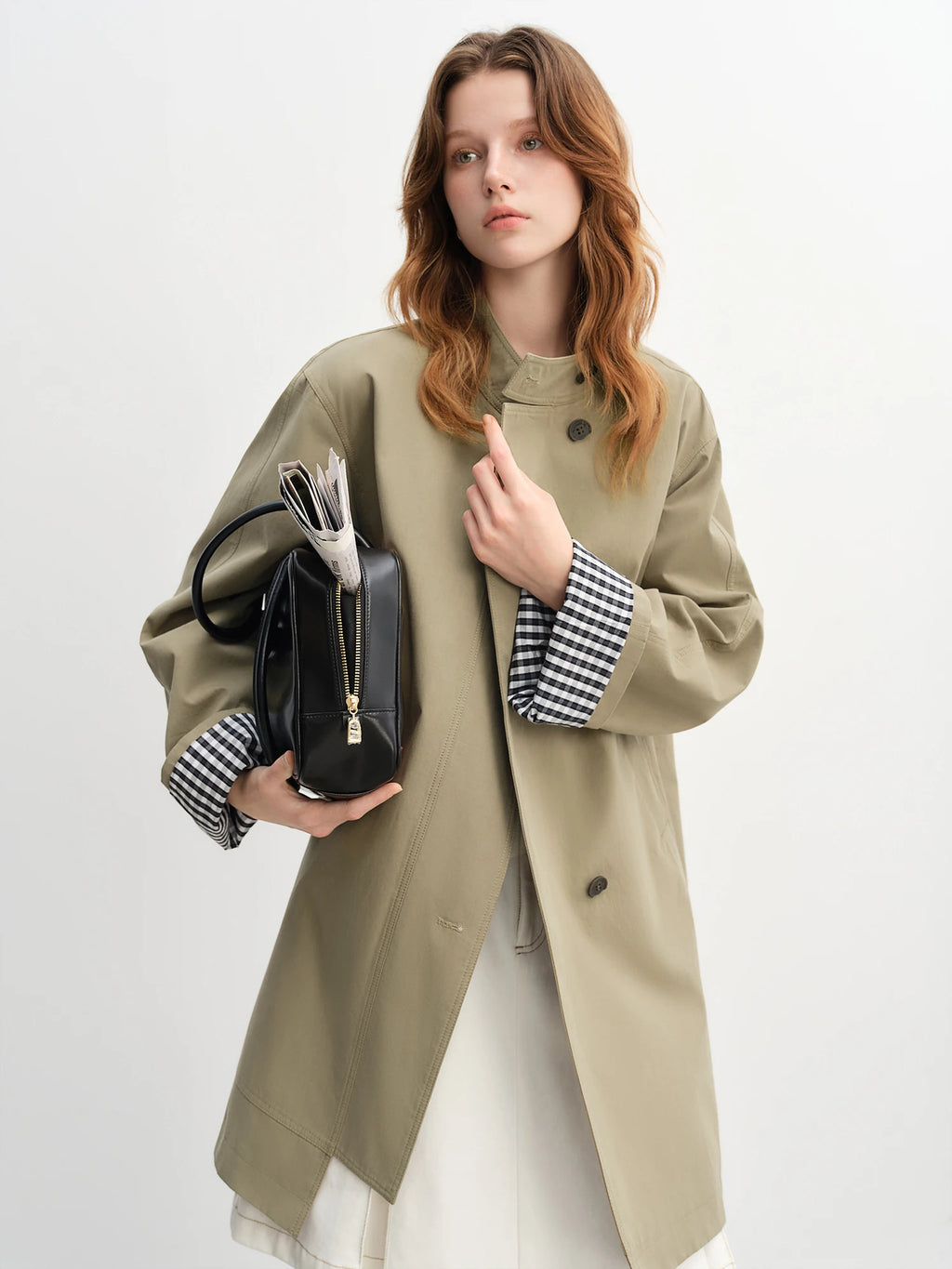 DUSHU Autumn 2025 Women's Stand Collar Trench Coat - Relaxed Fit Plaid Patchwork Loose Outerwear Casual Windbreaker Top