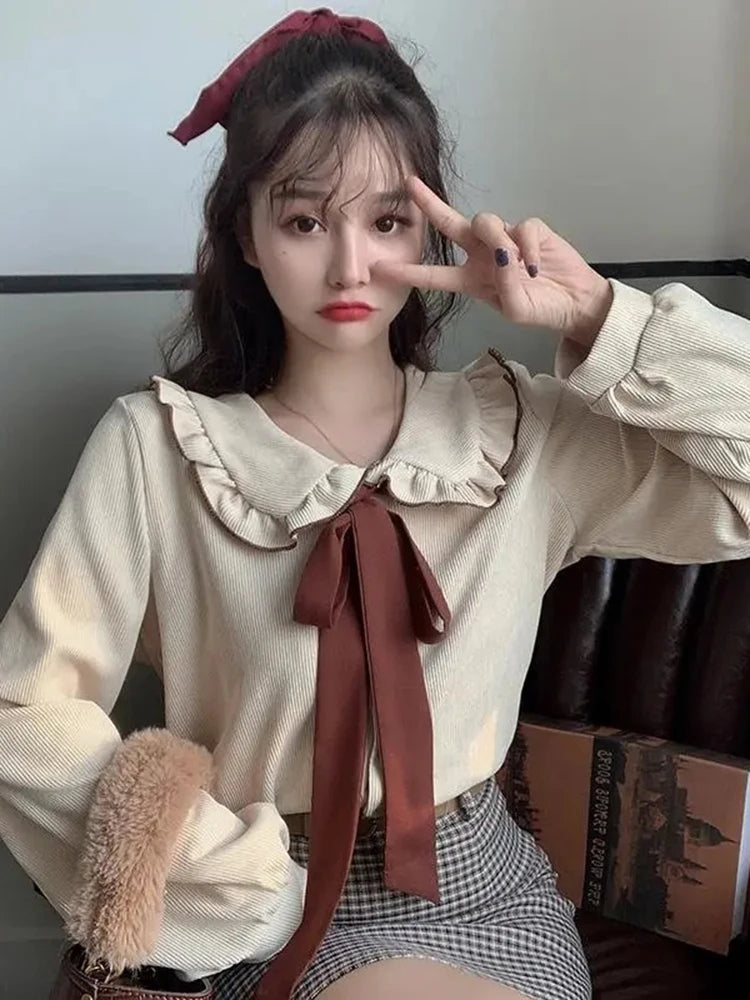 Spring Autumn Corduroy Kawaii Bow Peter Pan Collar Shirts Vintage Cute Long Sleeve Women Clothing All-match Sweet Blouses Women