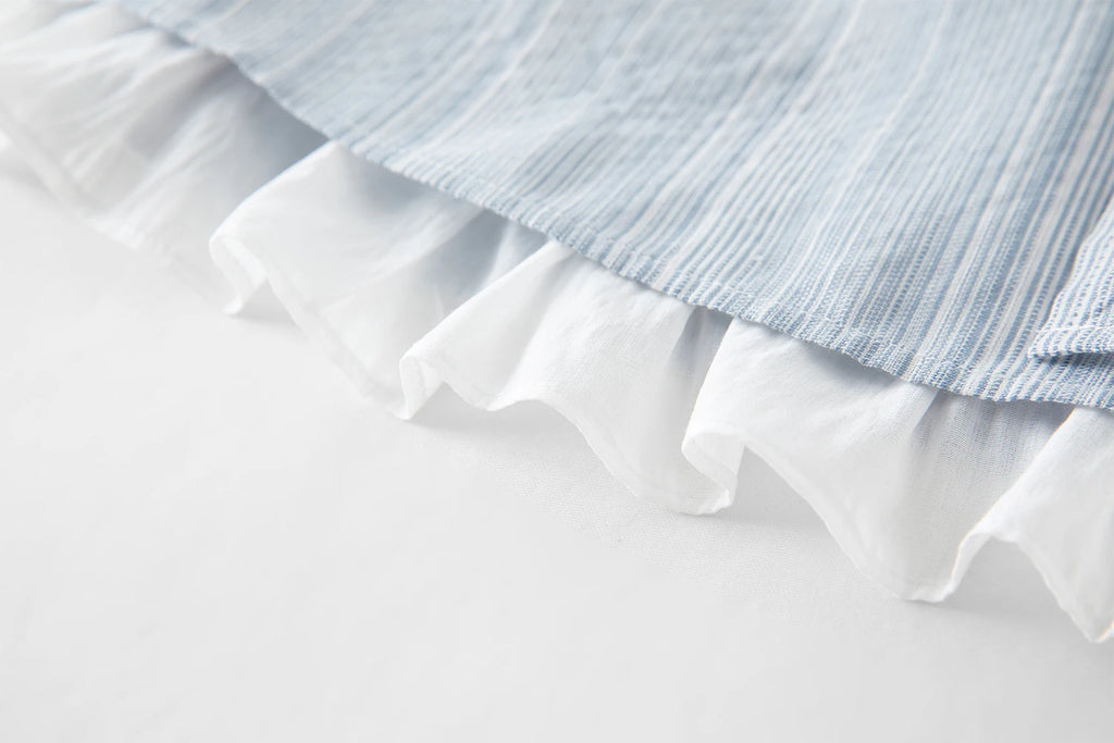DUSHU Ruffled Fake Two-piece Shirt 2025 Summer New Striped Blue Top Shirt