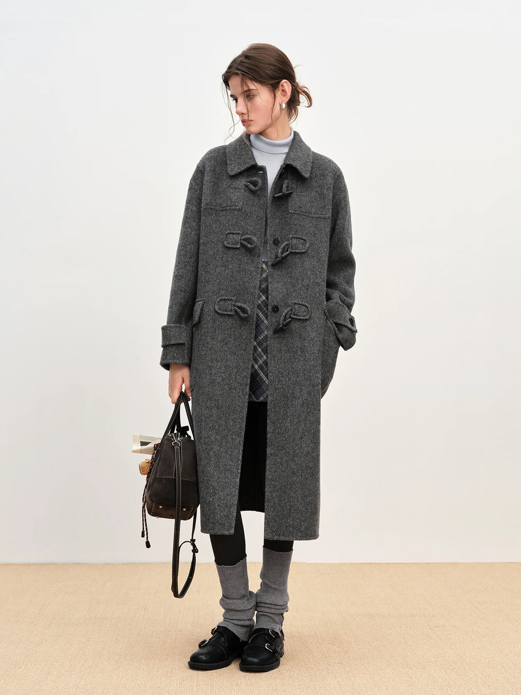 FSLE Retro Academic Herringbone Double-Faced Tweed Coat for Women Winter 2025 New Arrival Oversized Jacket Outerwear Blends