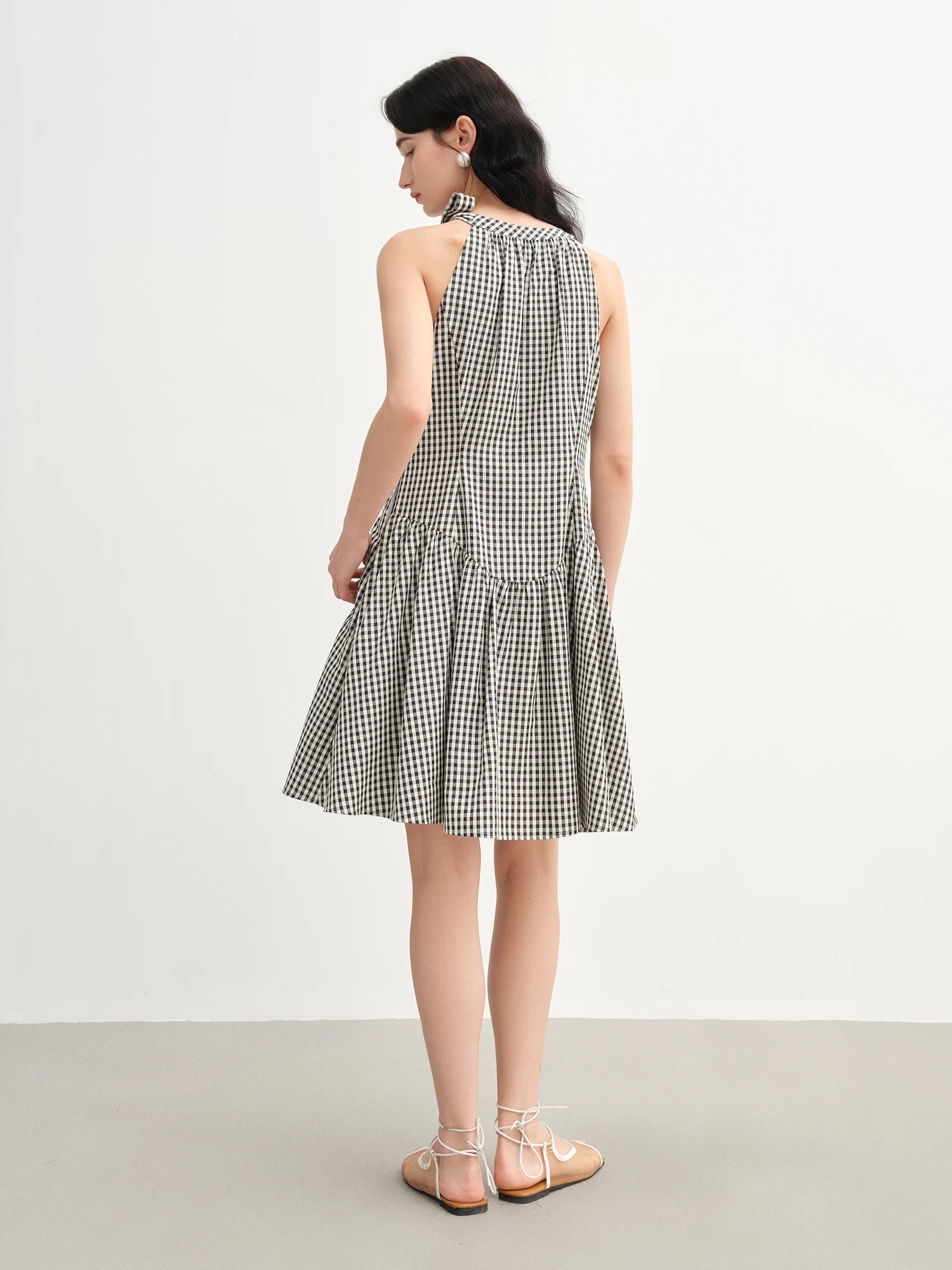 DUSHU Women Halter Neck Lace-up Plaid Dress 2025 Summer New Arrival Sweet Style Retro Halter Neck Casual Chic Dress