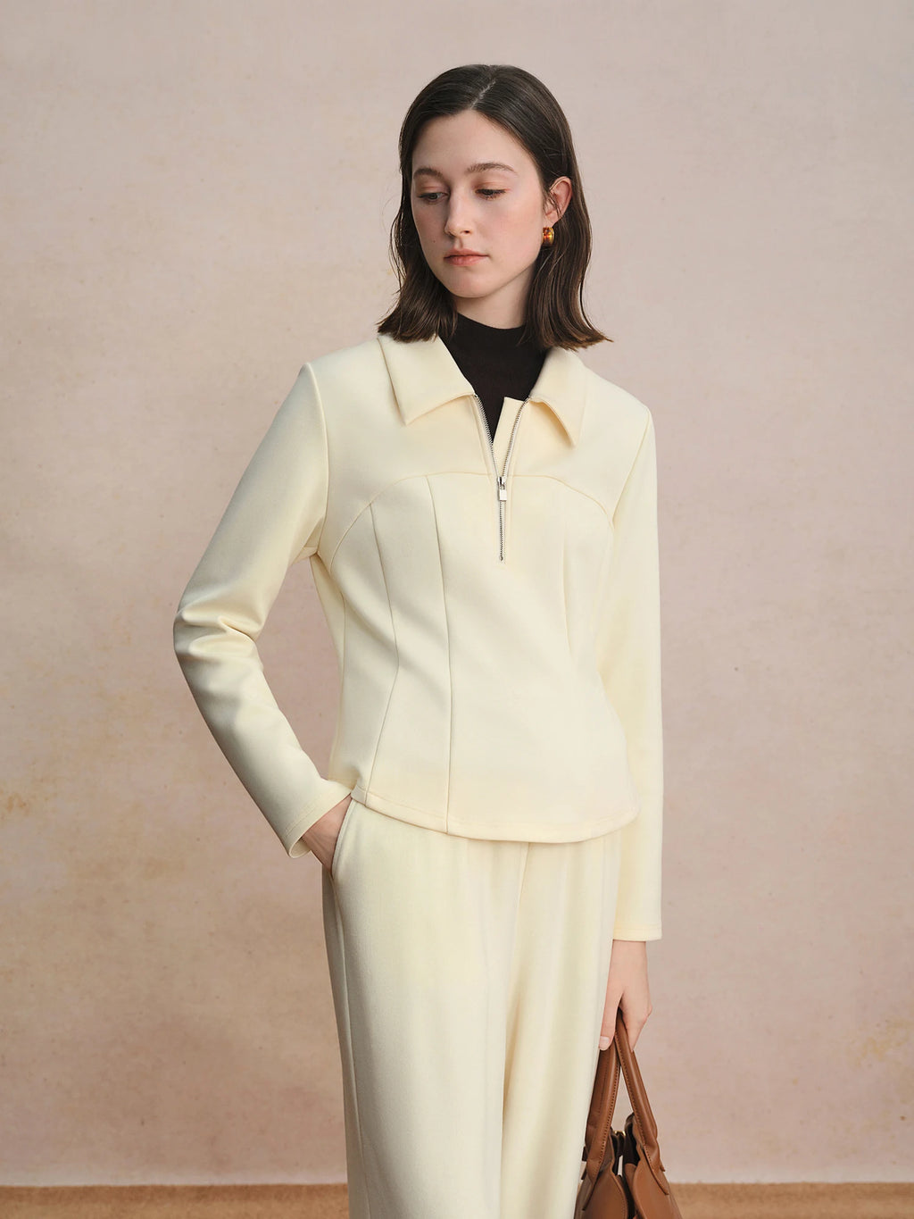 DUSHU Split Waist Zipper Lapel Top 2025 Autumn Temperament Sweatshirt Simple Women's Clothing Ins Clean Fit Commuting Outwear