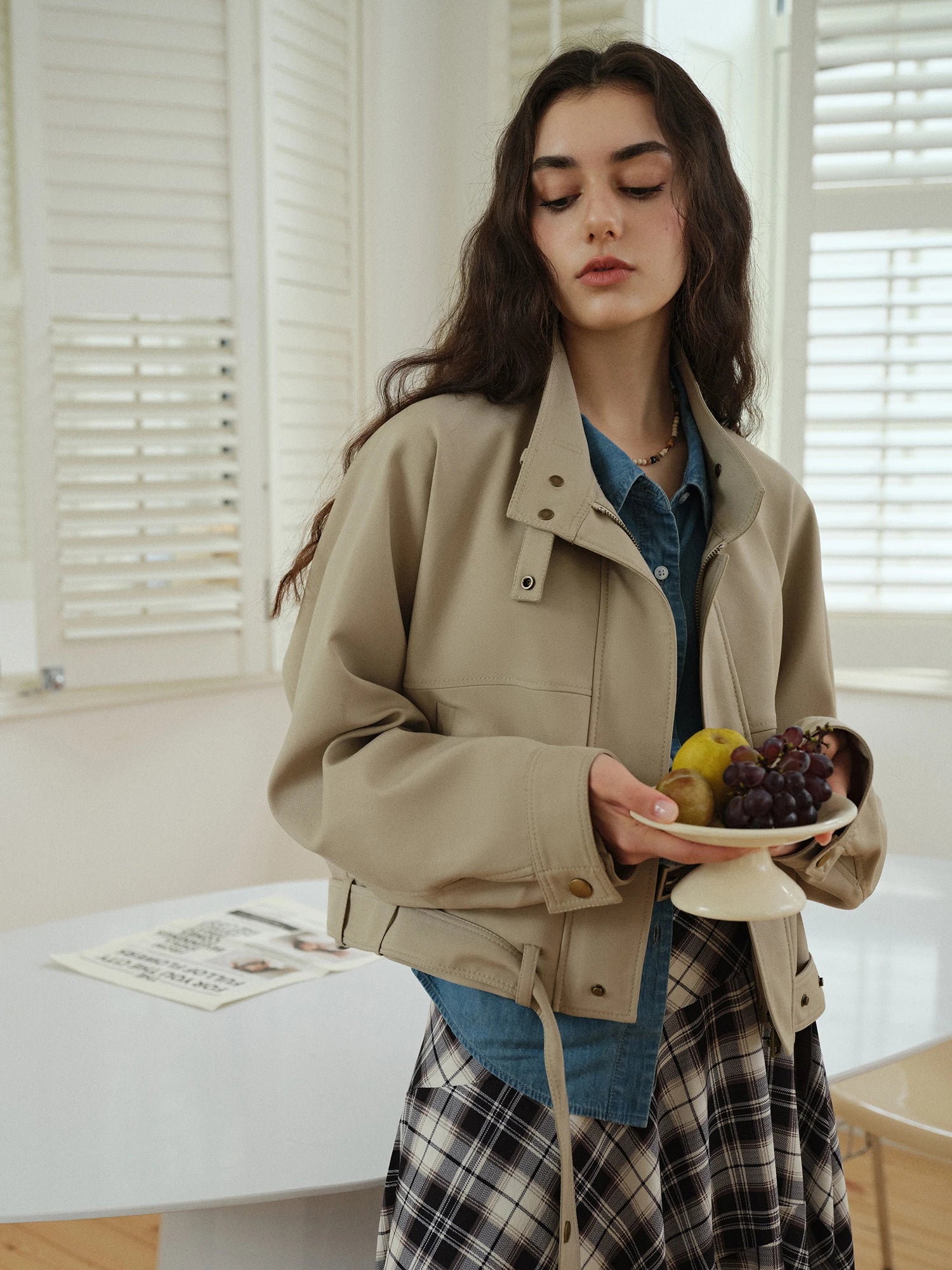 DUSHU American Style Buckled Stand Collar Belt Jacket Short Coat Women Vintage Tops 2025 Autumn Casual Coat