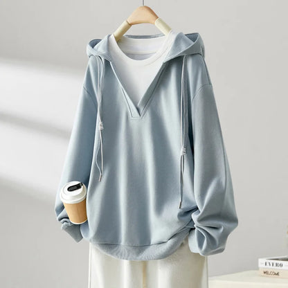 Women Spring Autumn Korean New Hooded Collar Pullover Fashion Design Fake 2-piece T-shirt Loose Large Versatile Long Sleeve Tops