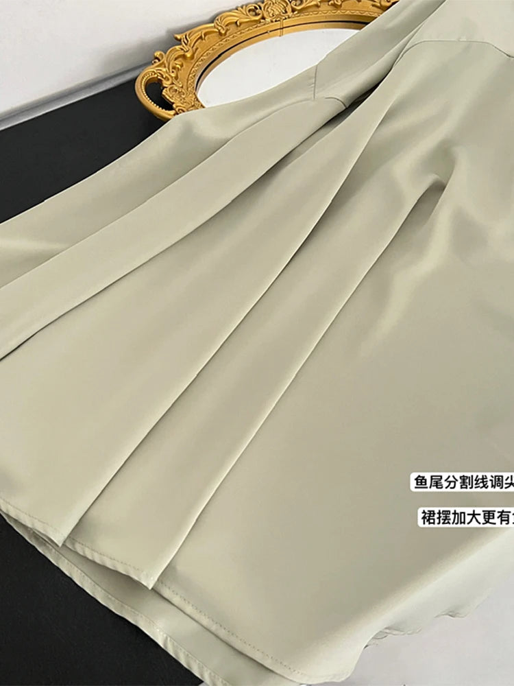 Summer French Fashion Vintage Long Prom Satin Dress Maxi Solid Colour Frocks Party Tunic Robe