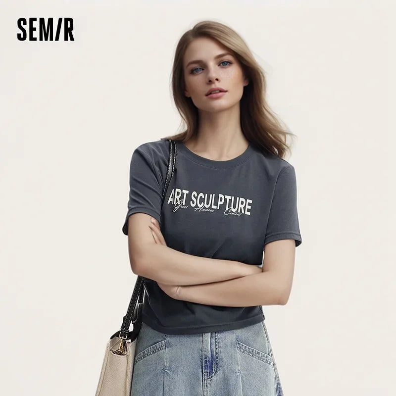 Semir Short-Sleeved T-Shirt Women Short And Slimming With A Small Surprise New In 2024 Summer Letter Print Regular Shoulder Top