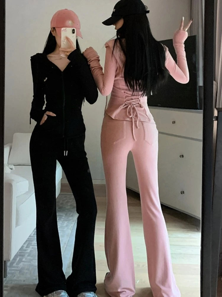 Y2K High Street Two Piece Set Tracksuit Women Hooded Zipper Jacket + Drawstring Wide Leg Pants Korean Fashion Solid Slim Outfits