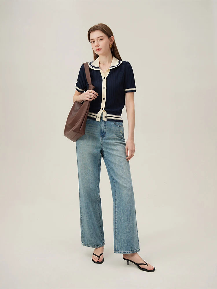 Contrast Polo Collar Knitted Cardigan Women Knitwear