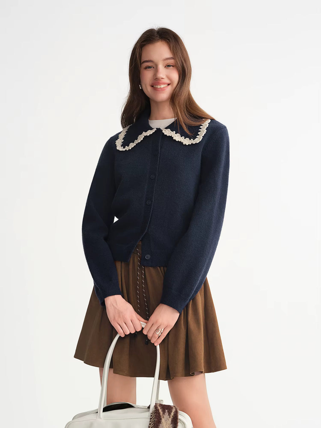 Women's Fashion Embroidery Hook Flower Knit Cardigan with Sweet Lace Edges Turned-Up Collar Flattering Sweater Cardigan