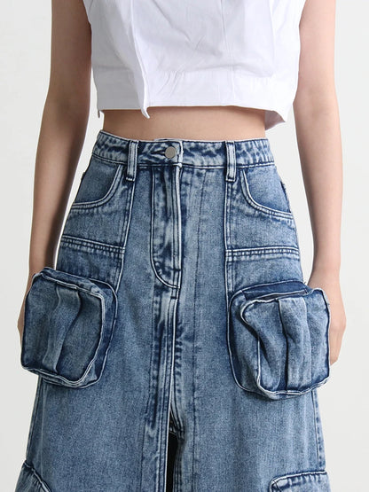 TWOTWINSTYLE Split Denim Skirts For Women High Waist Patchwork Pocket Temperament Solid Skirt Female Autumn Fashion Style New