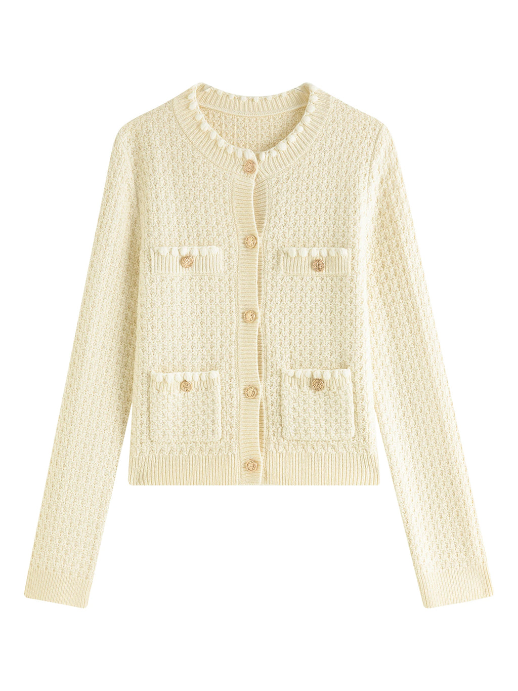 FSLE 9.1% Wool Beige Elegant Round Neck Knitted Cardigan For Female Fall Winter 2024 New Commuter Versatile Jacket 24FS14192