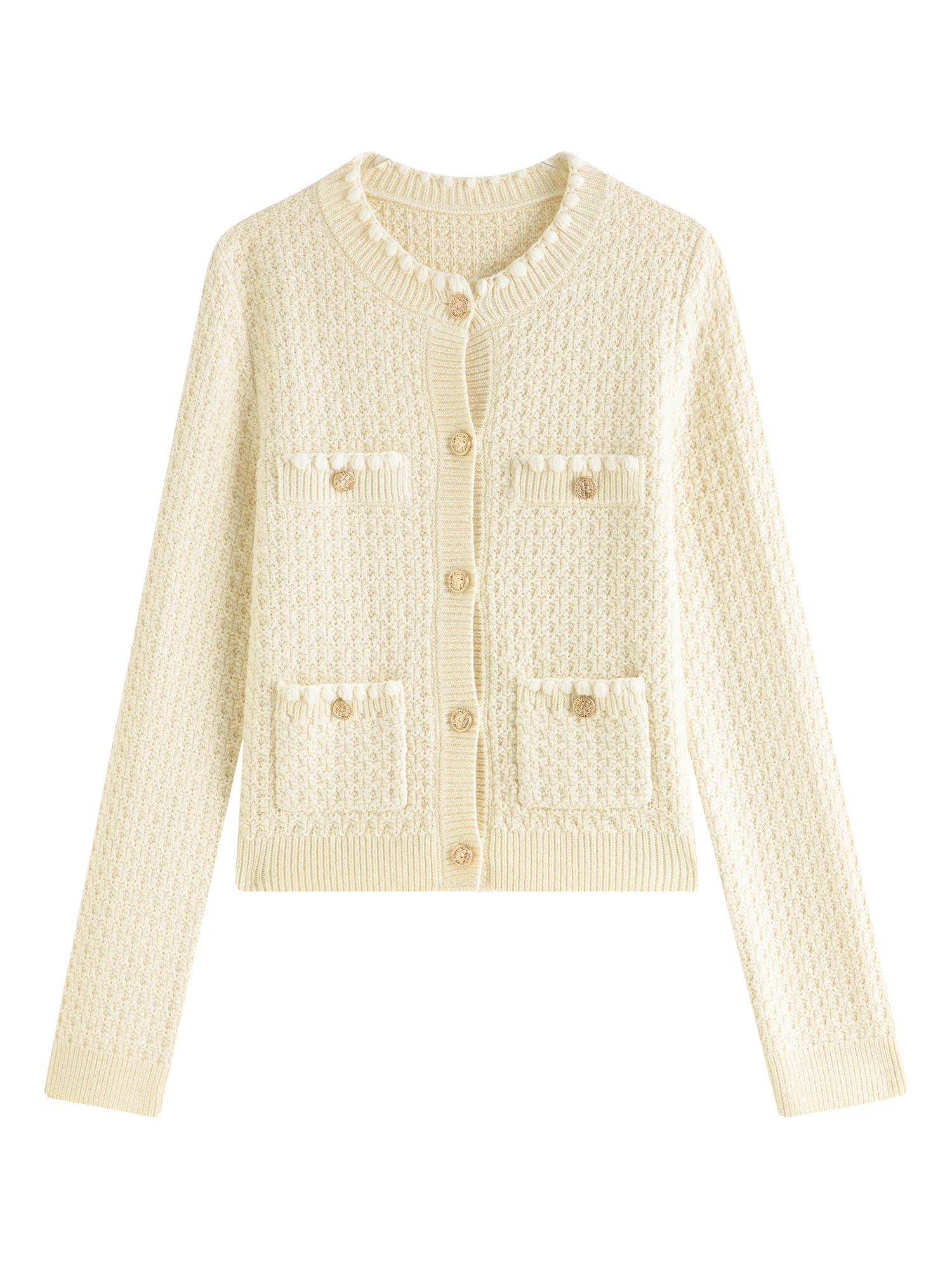 FSLE 9.1% Wool Beige Elegant Round Neck Knitted Cardigan For Female Fall Winter 2024 New Commuter Versatile Jacket 24FS14192