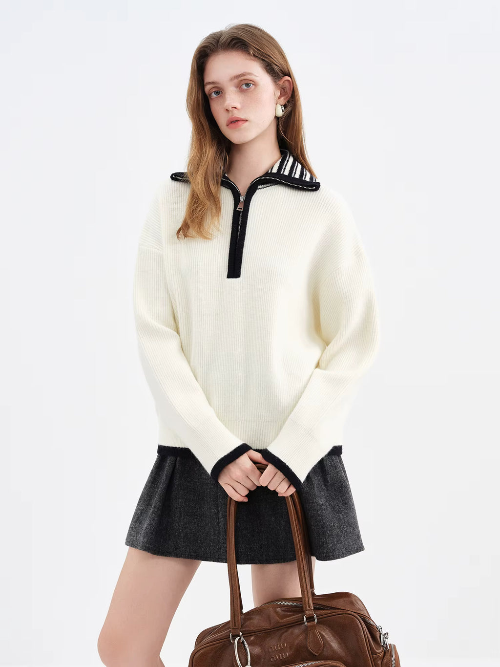 Women's 2025 Autumn/Winter New Style Ribbed Loose-fitting Zipper Stand Collar Color Block Inner Knit Sweater