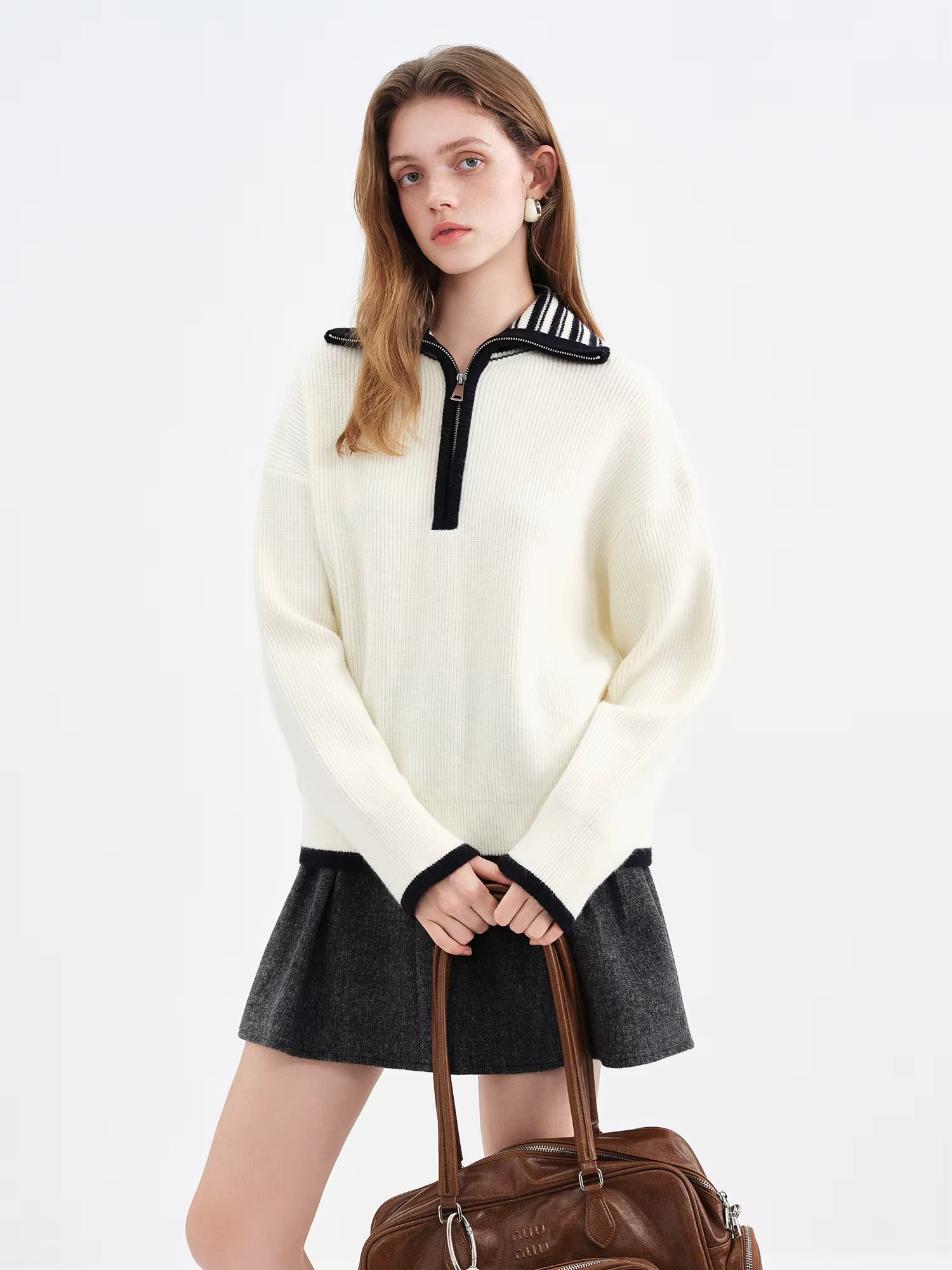 Women's 2025 Autumn/Winter New Style Ribbed Loose-fitting Zipper Stand Collar Color Block Inner Knit Sweater