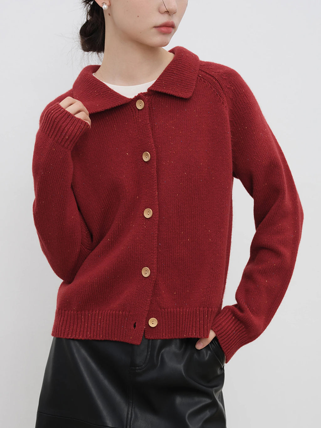 ZIQIAO Petite Size French Retro Red Cardigan Sweater for Women in Early Autumn Winter 2024 New Style of Lapel Knit Sweater Top
