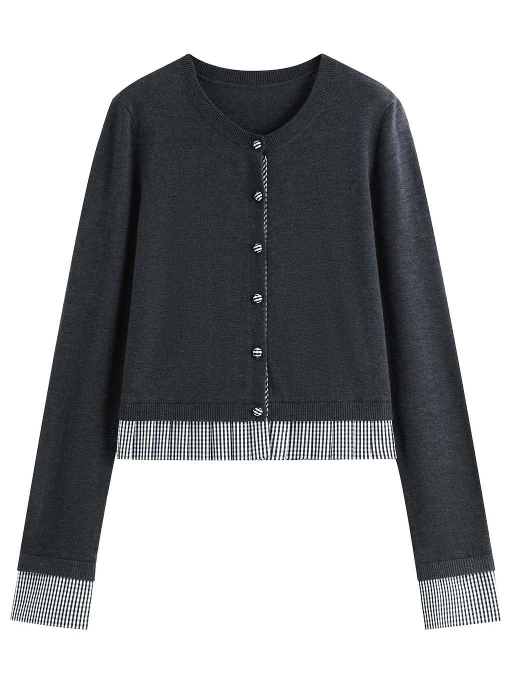 FSLE Genius Girl Round Neck Knit Cardigan for Women 2025 Autumn New Pleated Check Pattern Patchwork Top Sweaters