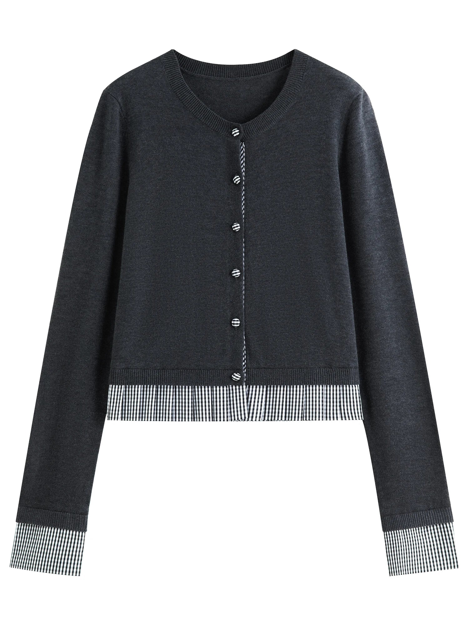 FSLE Genius Girl Round Neck Knit Cardigan for Women 2025 Autumn New Pleated Check Pattern Patchwork Top Sweaters