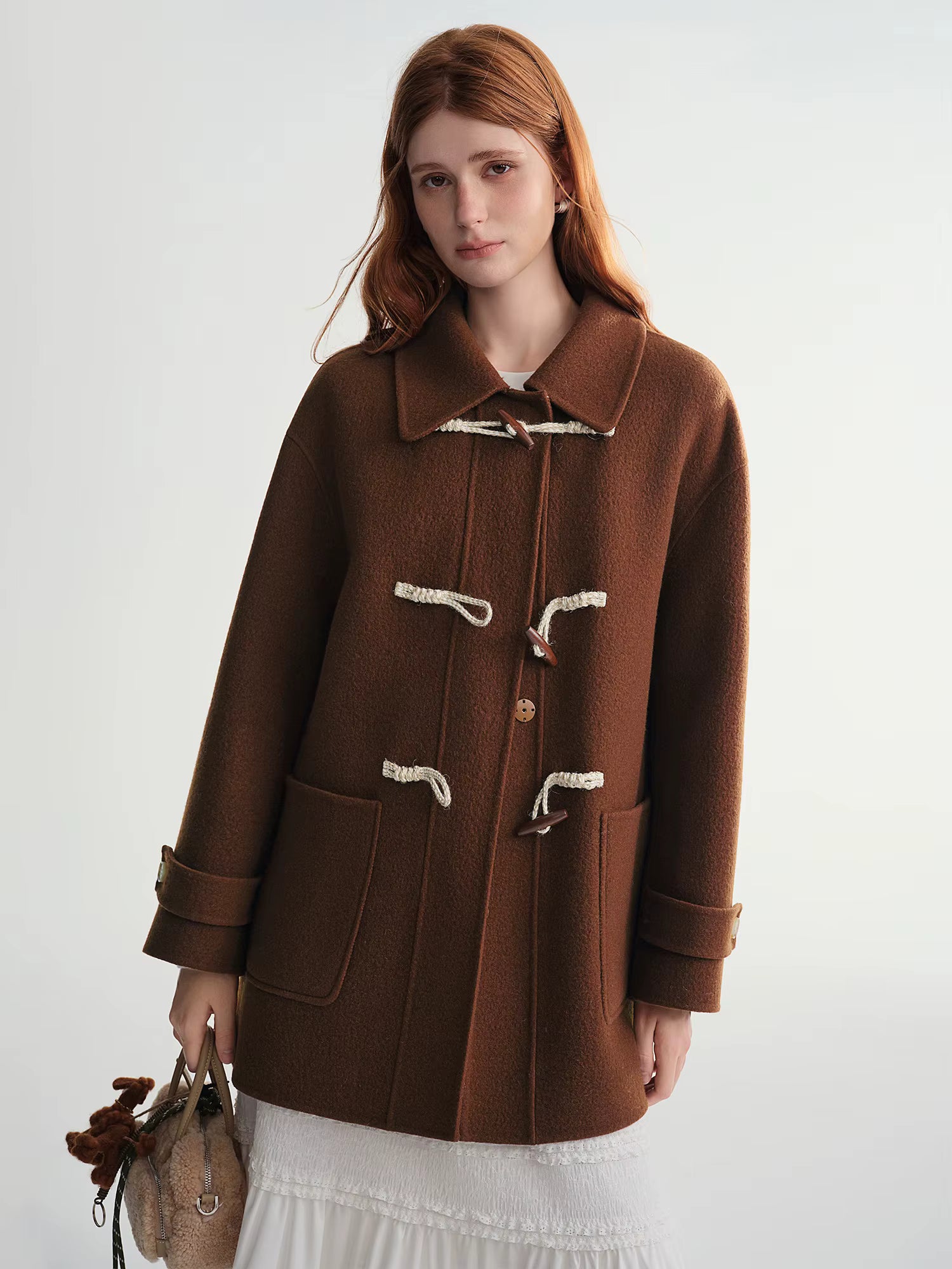 Winter 2025 Women's Horn Button Wool Blend Coat - Korean Style Double Faced Midi Length Stand Collar Casual Elegance