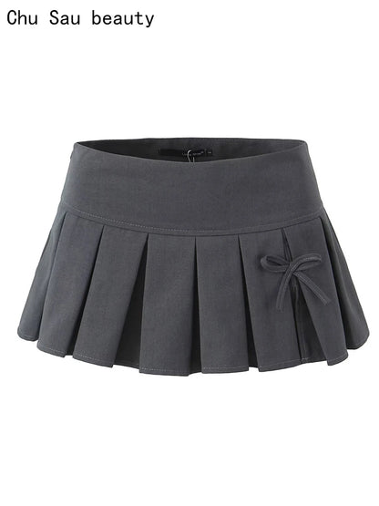 Chu Sau beauty 2024 Women Spring Fashion Hot Sweet Super Short Skirt Sexy Low Waist Bow Tied Mini Skirts Chic Slim Pleated Skort