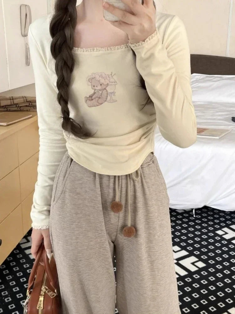 HOUZHOU Kawaii Sweet Harajuku T Shirts Women Japanese Fashion Cartoon Print Lace Patchwork Slim Tees Tops Soft Gril Summer 2024