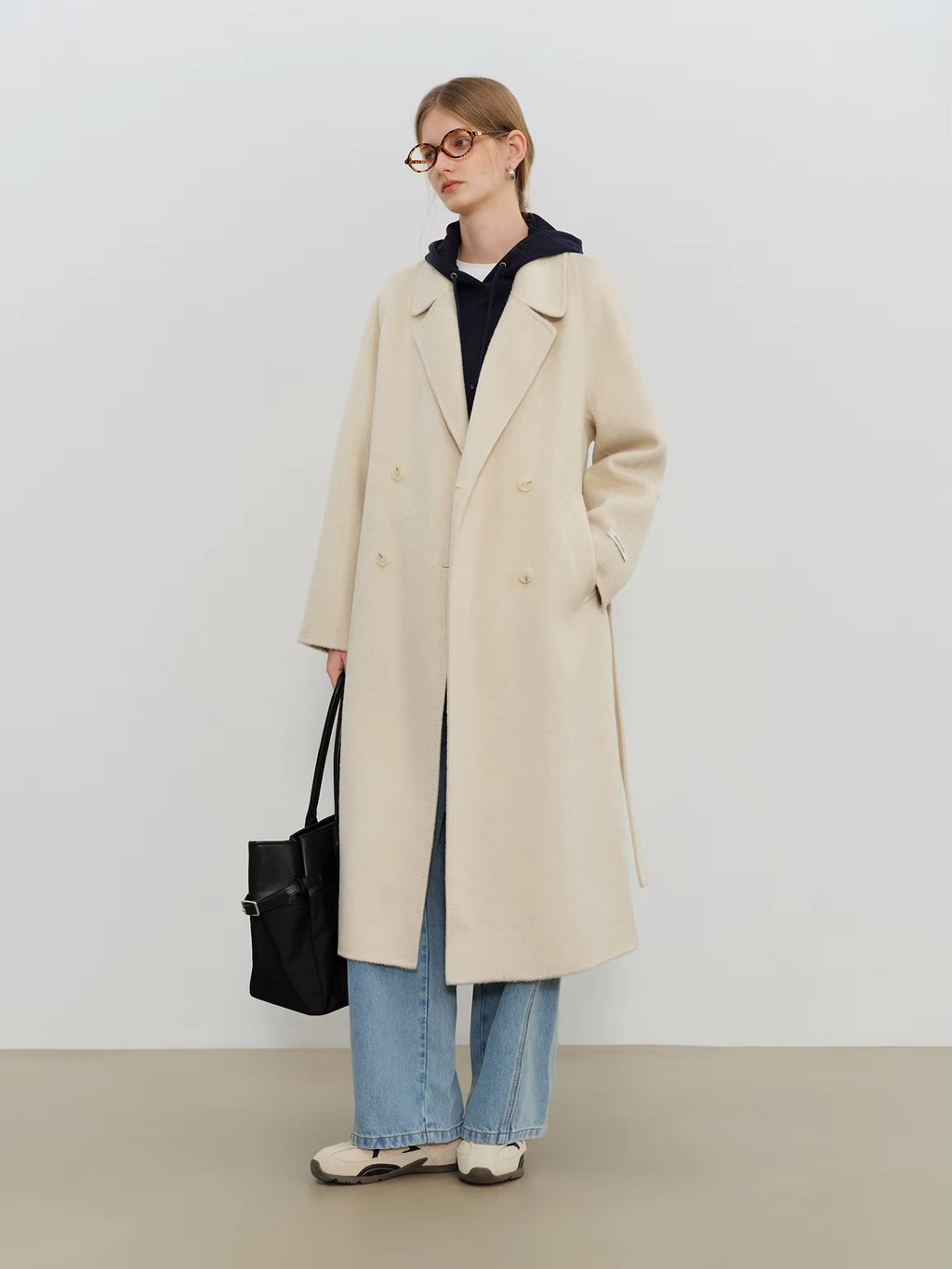 Crafty Studio Petite Women's White Camel Wool Coat with Double Faced Design 2025 Winter New Collection Wool