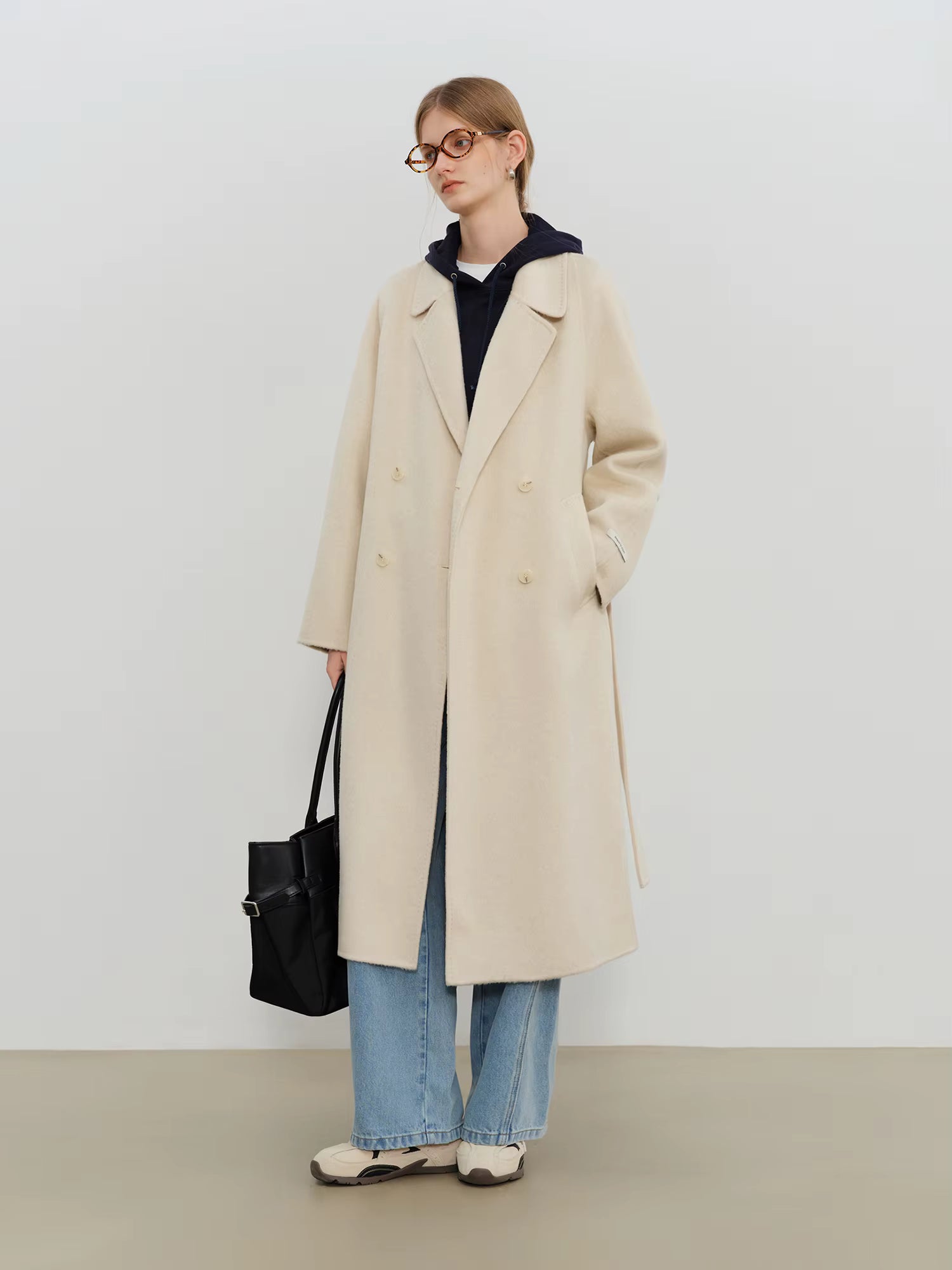 Crafty Studio Petite Women's White Camel Wool Coat with Double Faced Design 2025 Winter New Collection Wool