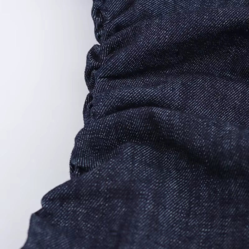 Denim MIDI dress with lapel side zipper fashion wrinkle waist slim elegant dress