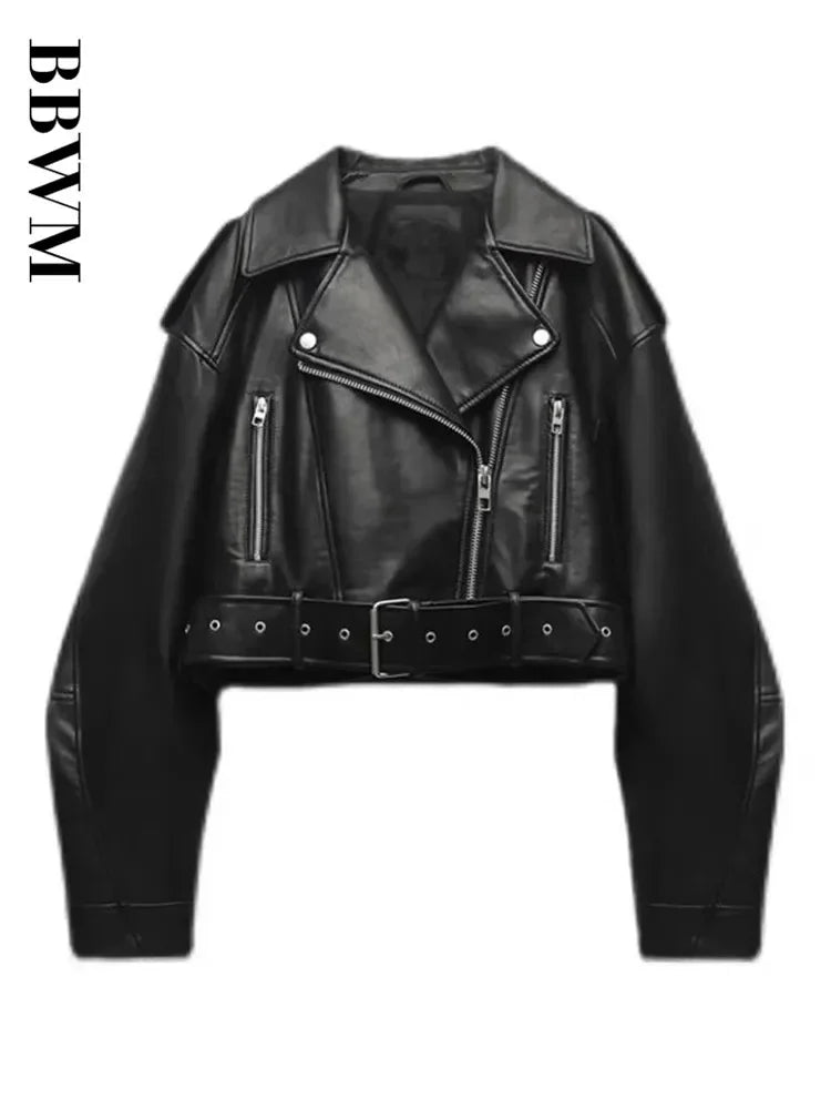 Oversized Vintage Loose Pu Faux Leather Short Jacket with Belt Streetwear Female Zipper Retro Moto Biker Coat Outwear