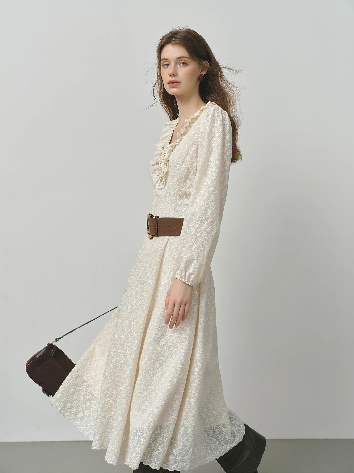 FSLE Autumn 2025 Women's V-Neck Dress - Long Sleeve Romantic Floral Embroidery Lace Trim Pearl Accents Loose Maxi Dress
