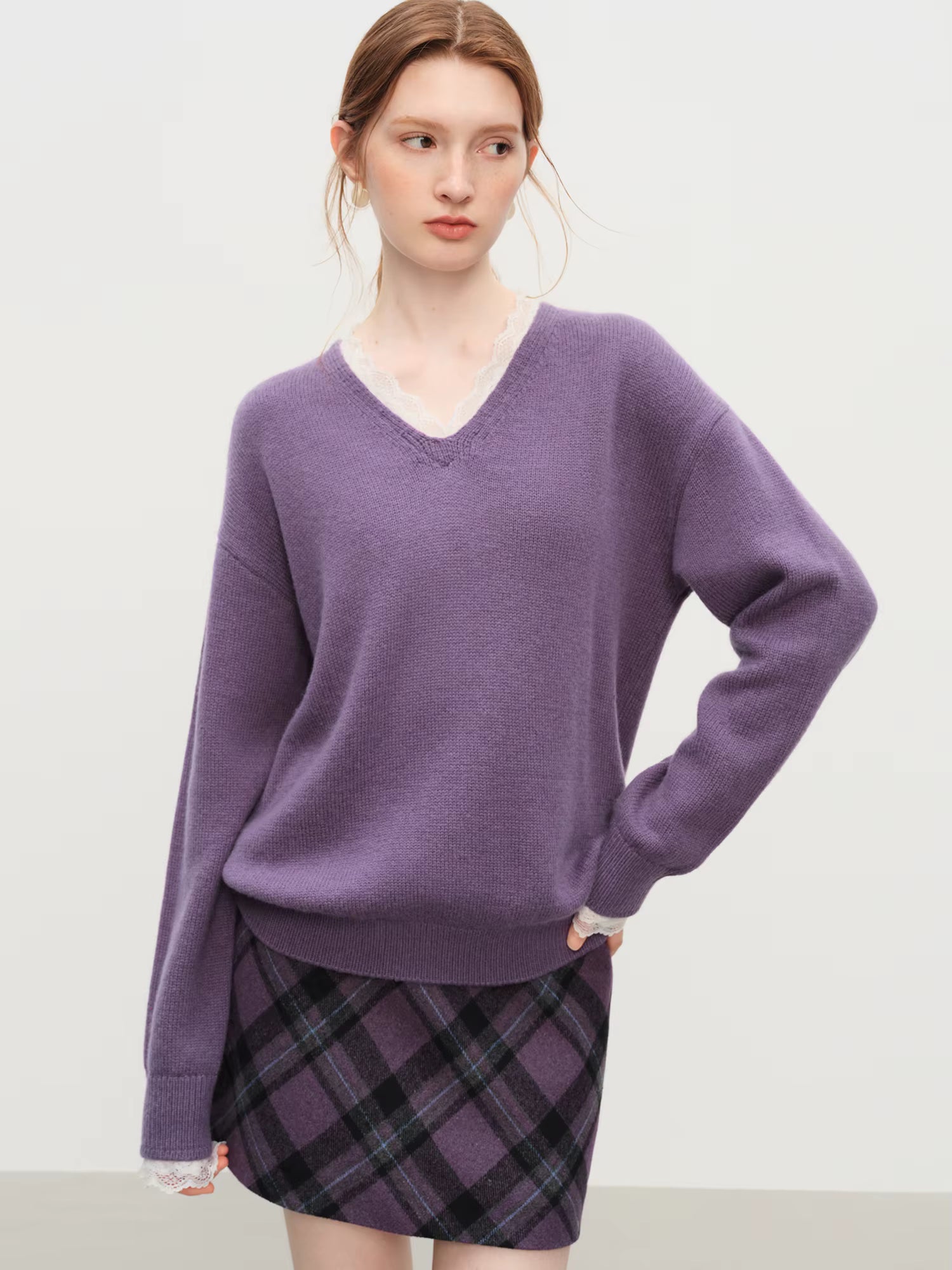Winter 2025 Women's V-Neck Lace Knit Sweater - Sweet Feminine Pure Wool Blend Pullover Relaxed Fit for Casual Elegance