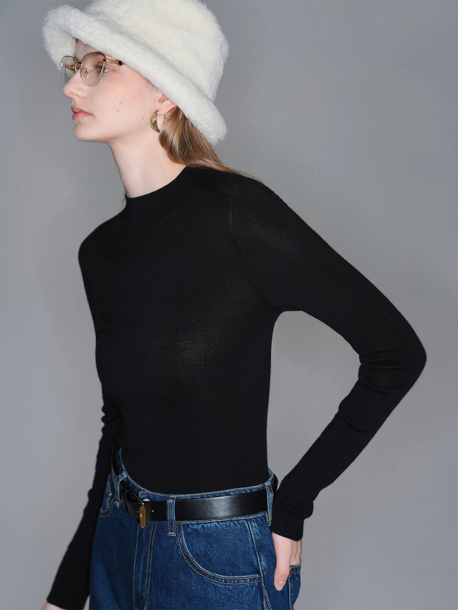 ZIQIAO Wool Sweater for Women Autumn and Winter New 18 Needle Nude Seamless Knitted Bottoming T-shirt