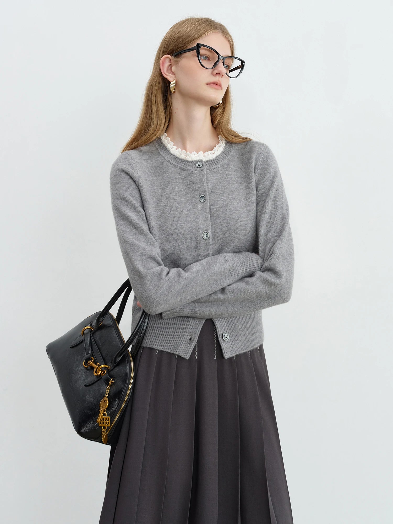 ZIQIAO Autumn 2025 Women's Retro Lace Trim Cardigan - Sweet Style Round Neck Knit Top Vintage Inspired Design Casual Layering