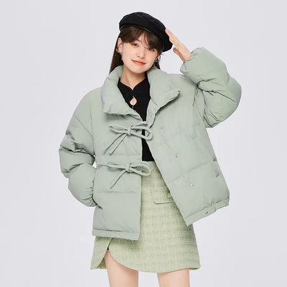 Semir Down Jacket Women Stand Collar Bow Gentle 2022 Winter New Sweet Loose Short Thick Coat