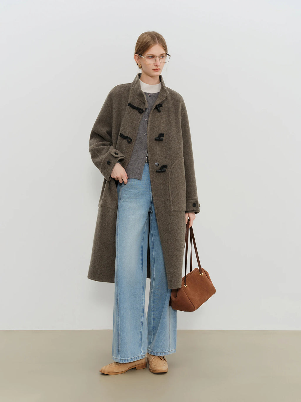 Crafty Studio Wool Coat for Petite Women with Horn Buttons, Standing Collar, and Double-Faced Design 2025 New