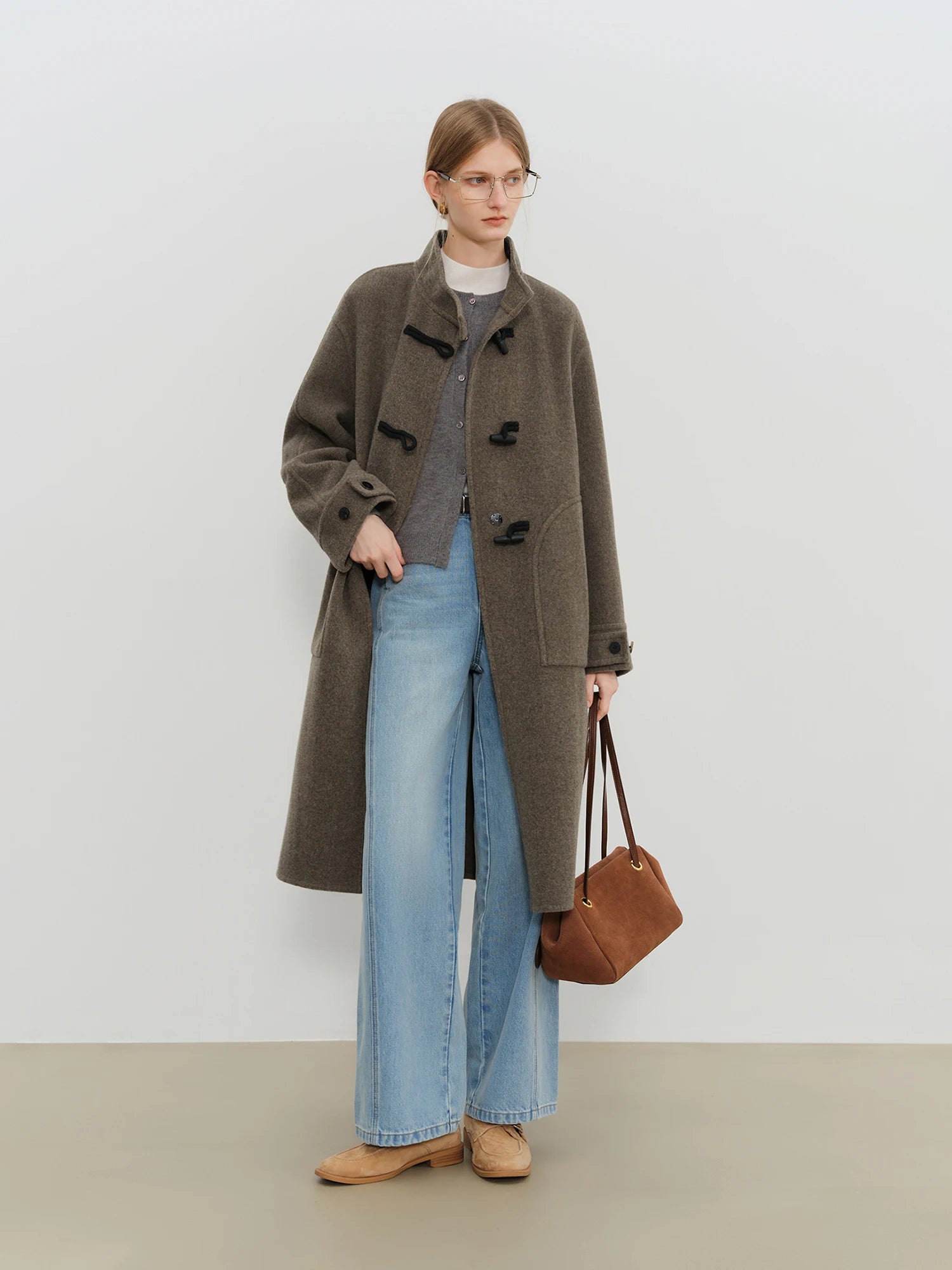 Crafty Studio Wool Coat for Petite Women with Horn Buttons, Standing Collar, and Double-Faced Design 2025 New