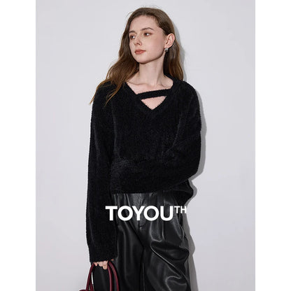 TOYOUTH Women Sweater 2024 Autumn Winter New Off Shoulder V-neck Soft Fake Fur Long Sleeve Knitted Pullver Tops