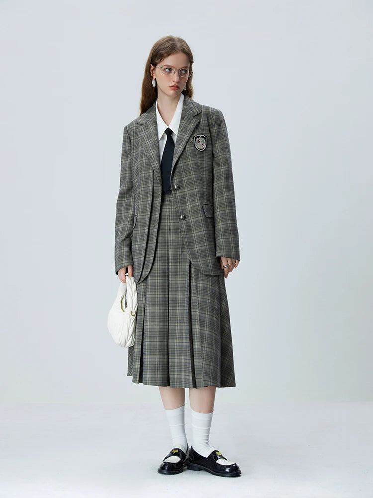 FSLE Blue Grey Temperament Plaid Suit Sets Notched Collar Double Placket Design Stright Blazers Long Pleated A-LINE Women Skirts