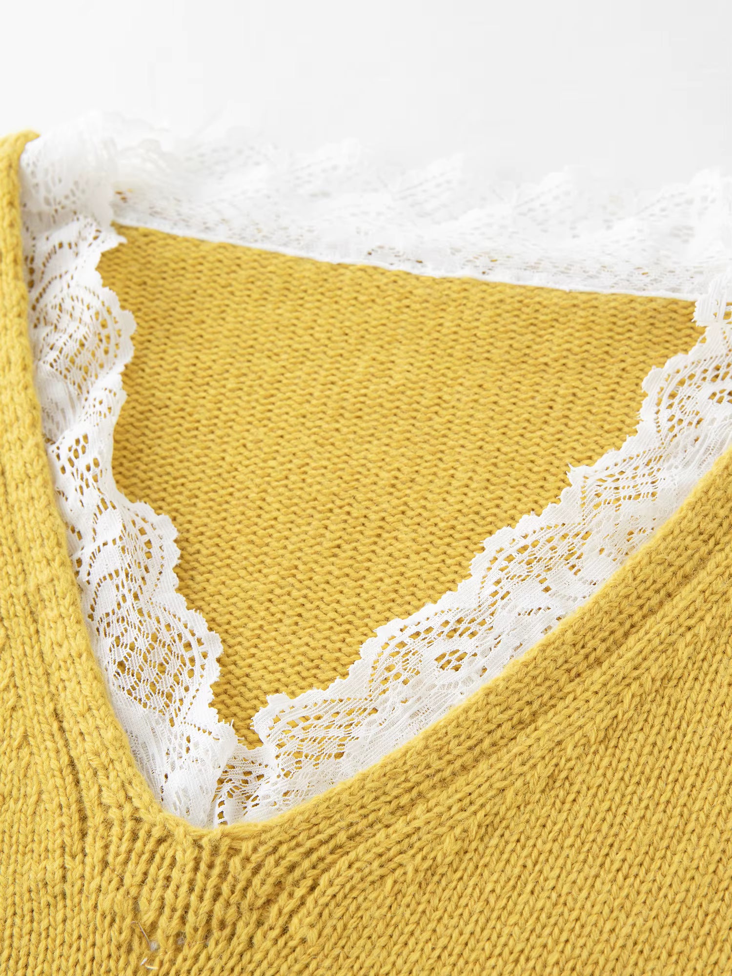 Winter 2025 Women's V-Neck Lace Knit Sweater - Sweet Feminine Pure Wool Blend Pullover Relaxed Fit for Casual Elegance