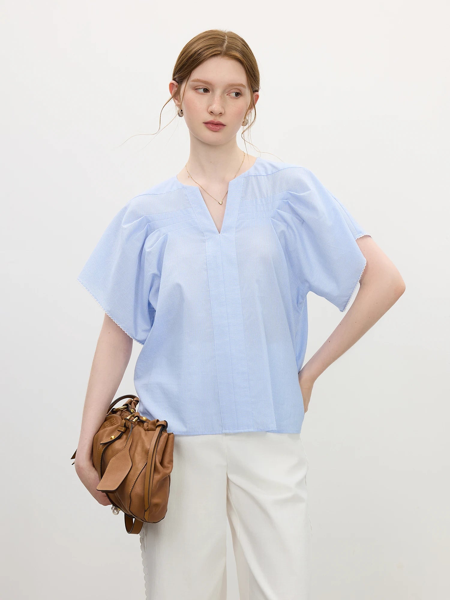 FSLE 2025 Summer Women's Cotton Round Neck Blouse - Textured Bell Sleeve Relaxed Fit Resort to Office Top